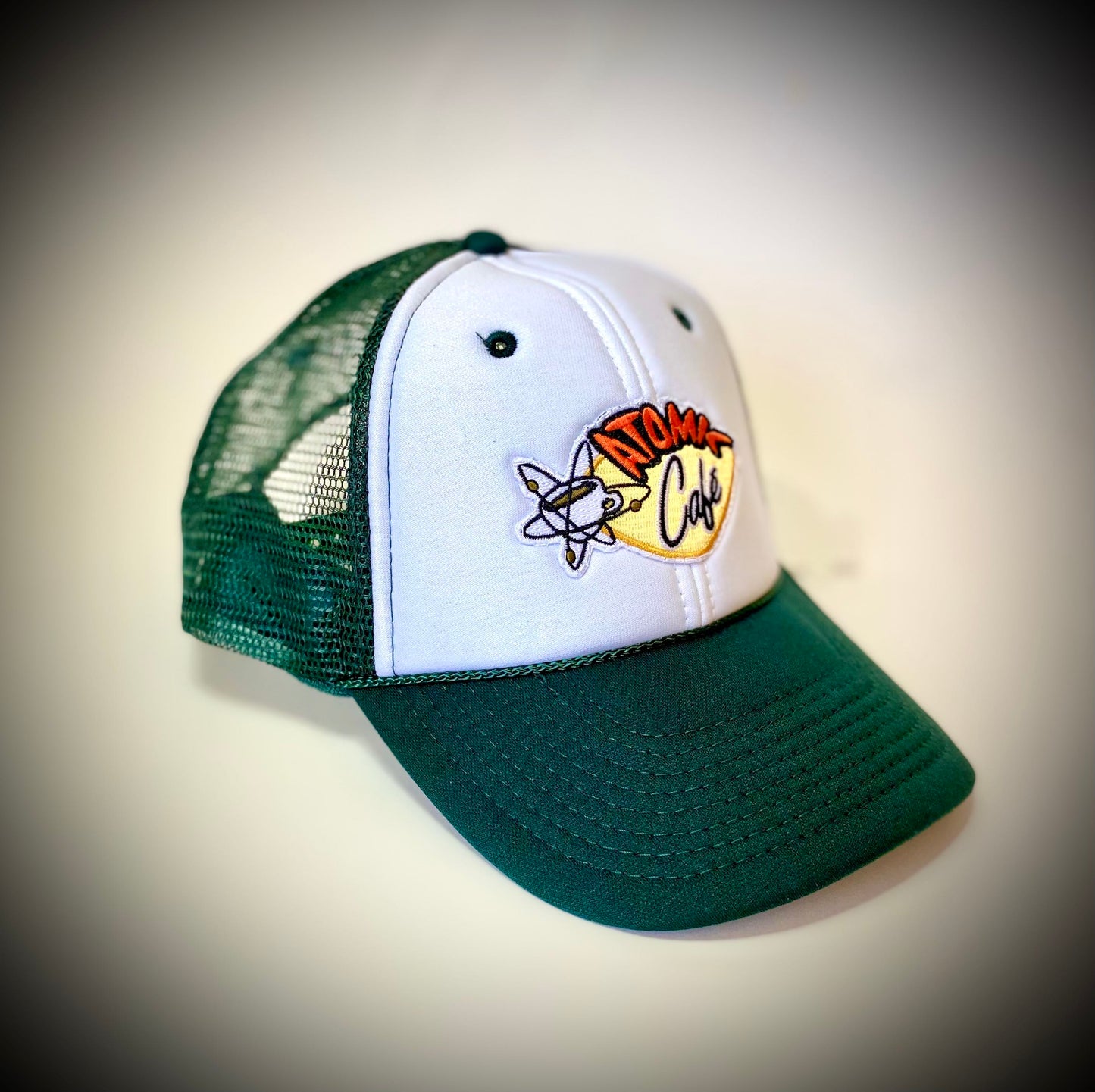 Atomic Cafe - White & Green Trucker Hat with Atomic Logo